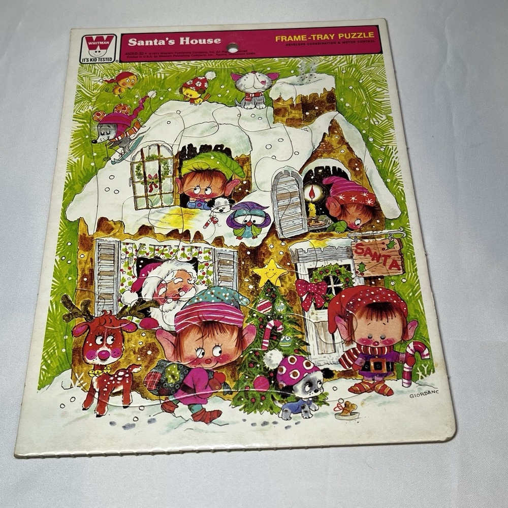 Vintage 1974 Christmas Puzzle Santa's house Elfs Whitman Children's Frame‎ Tray